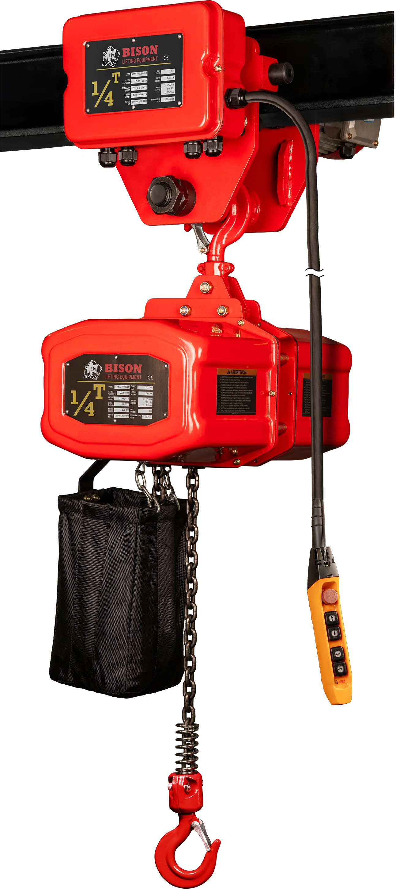 Bison 0.25Ton Single Phase Electric Chain Hoist with Motorized Trolley 115v/230v - Image 2