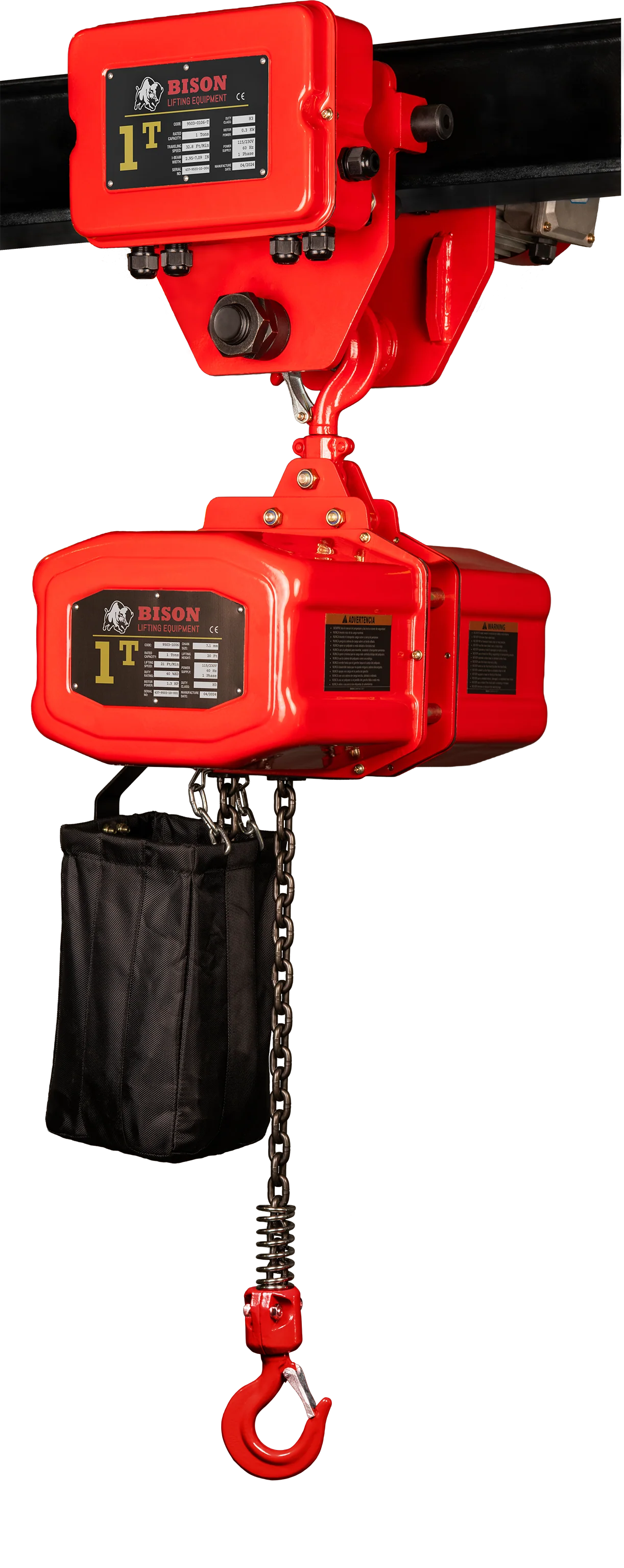 Bison 1Ton Single Phase Electric Chain Hoist with Motorized Trolley 115v/230v