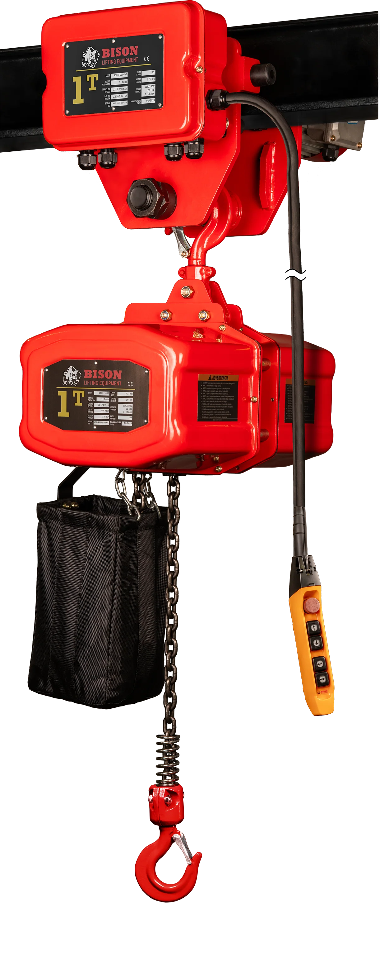 Bison 1Ton Single Phase Electric Chain Hoist with Motorized Trolley 115v/230v - Image 2