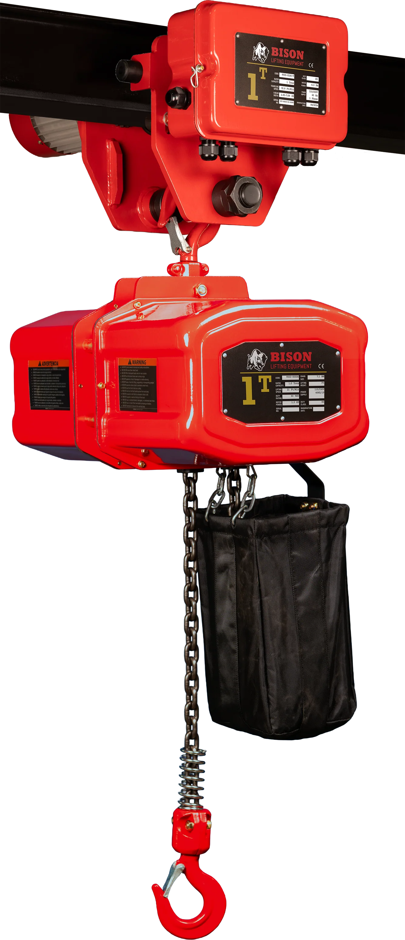Bison 1Ton Single Phase Electric Chain Hoist with Motorized Trolley 115v/230v - Image 3