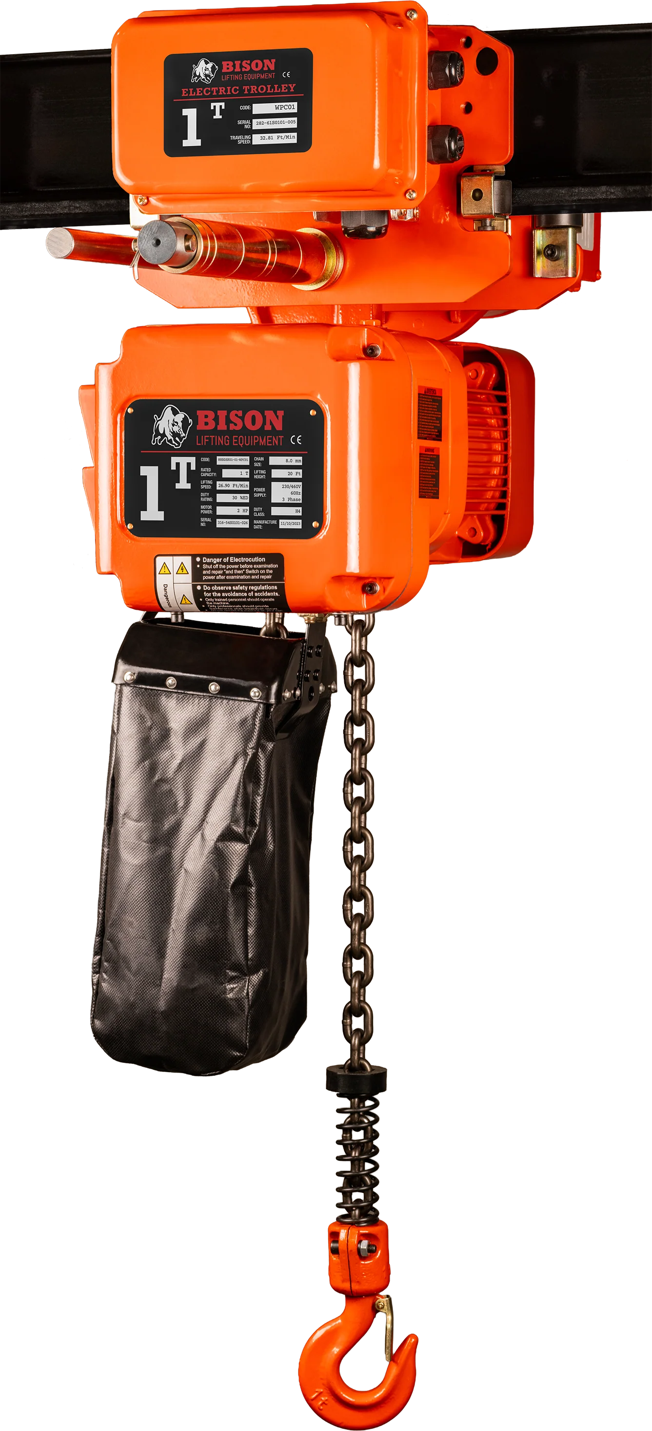 Bison 1Ton Three Phase Single Speed Electric Chain Hoist with Trolley 230v/460v