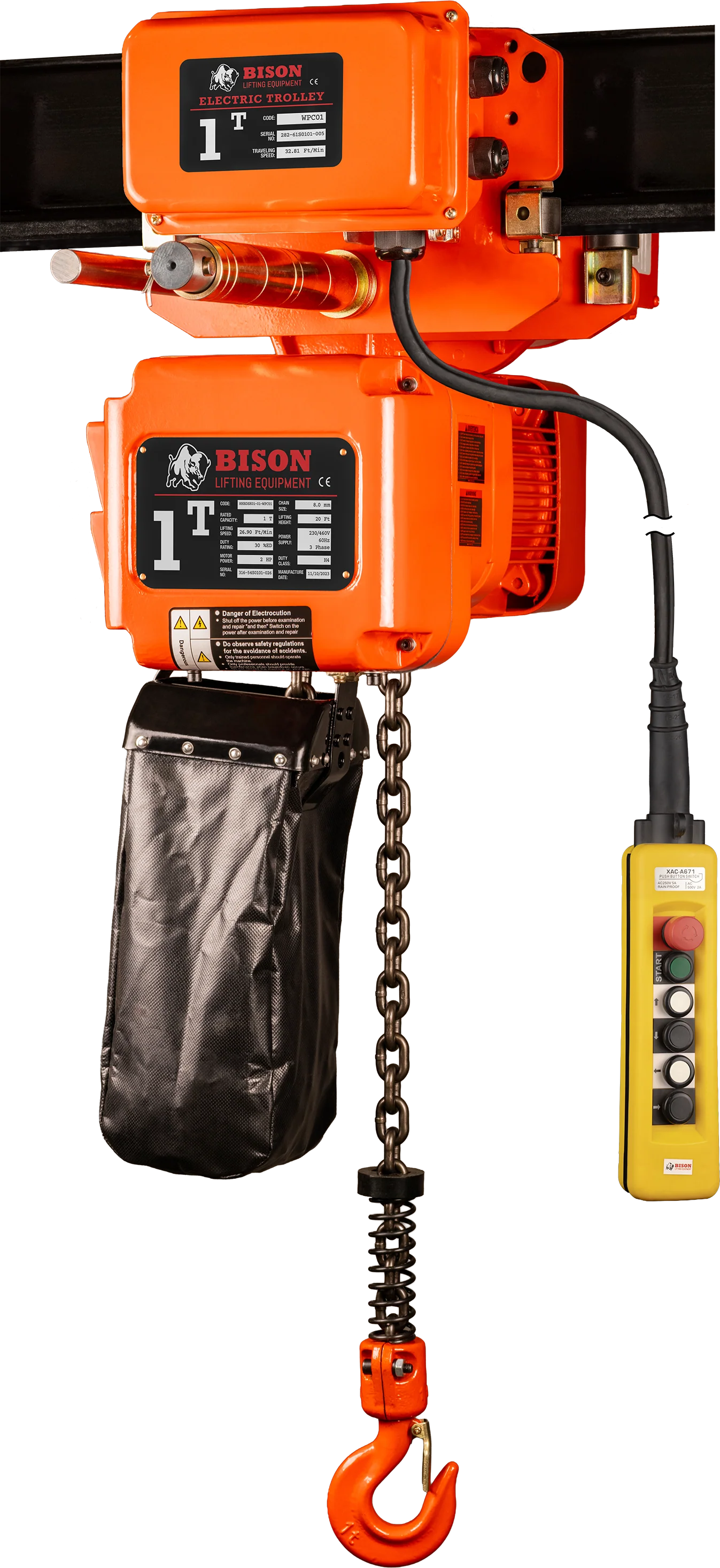 Bison 1Ton Three Phase Single Speed Electric Chain Hoist with Trolley 230v/460v - Image 14