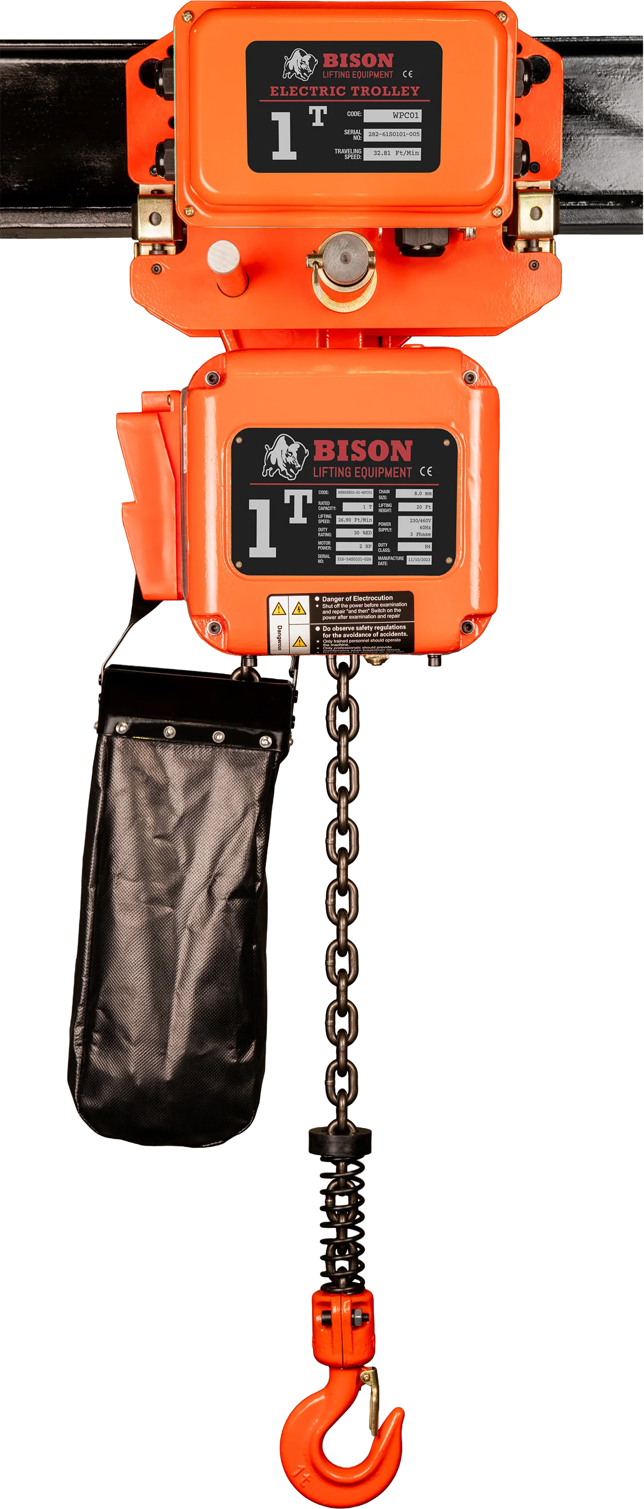 Bison 1Ton Three Phase Single Speed Electric Chain Hoist with Trolley 230v/460v - Image 2