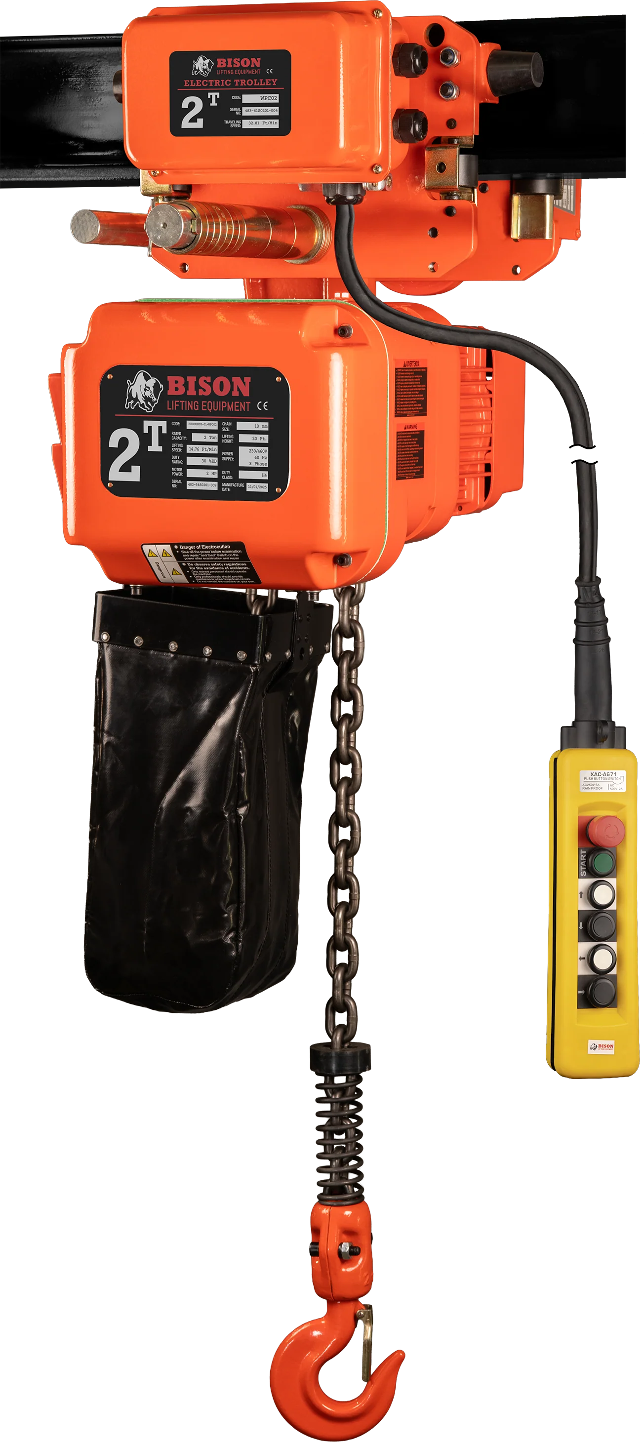 Bison 2Ton Three Phase Dual Speed Electric Chain Hoist with Trolley 230v/460v - Image 3