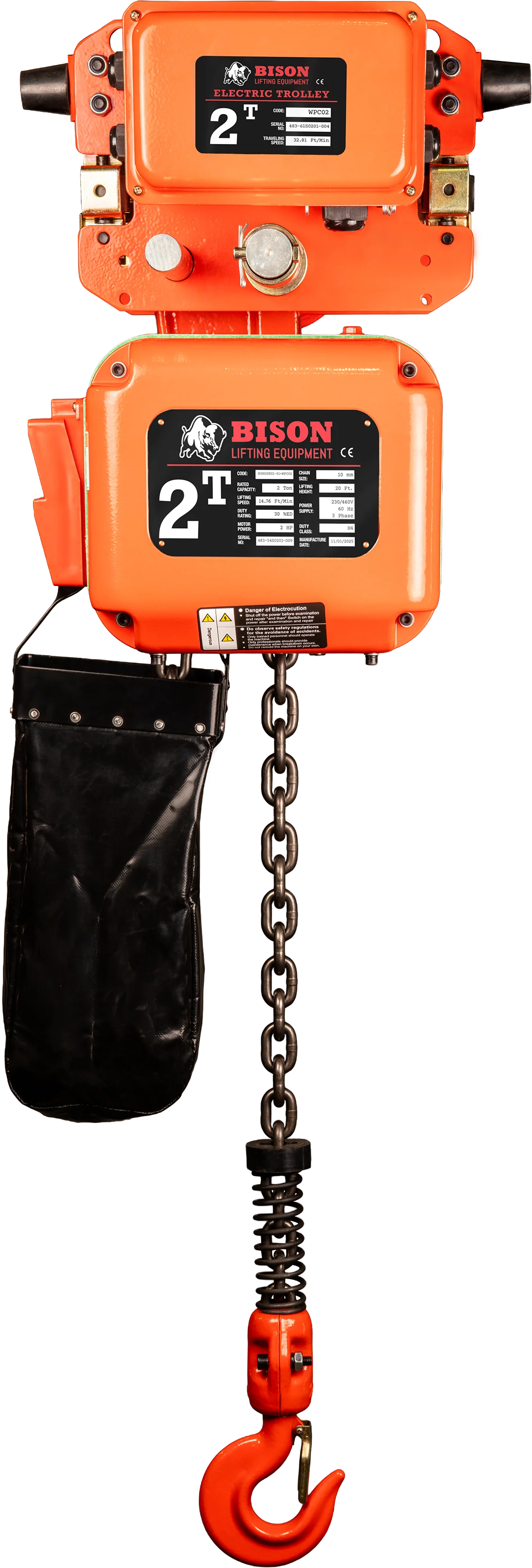 Bison 2Ton Three Phase Single Speed Electric Chain Hoist with Trolley 230v/460v - Image 2