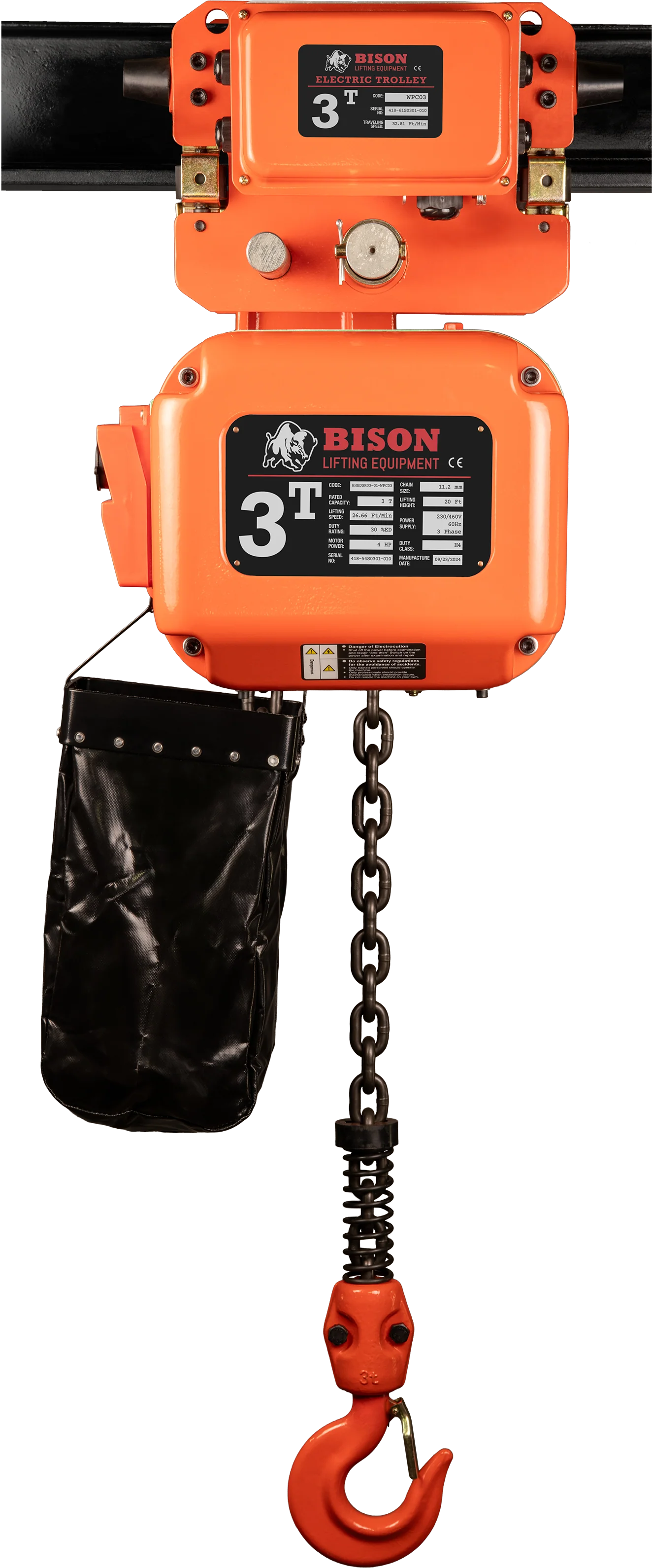 Bison 3Ton Three Phase Dual Speed Electric Chain Hoist with Trolley 230v/460v - Image 2