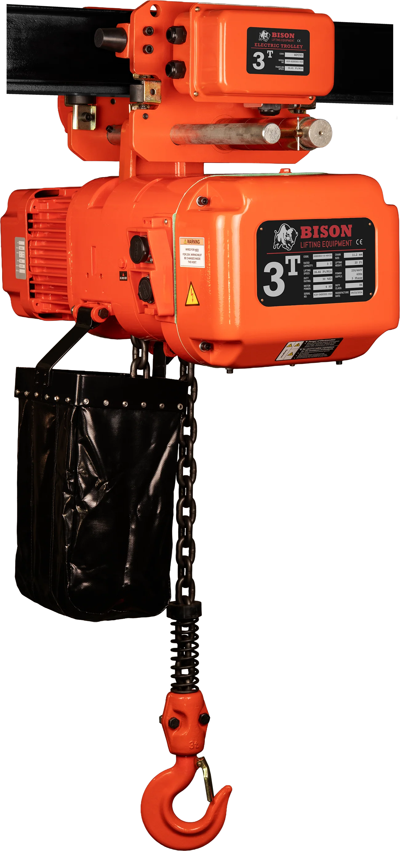 Bison 3Ton Three Phase Dual Speed Electric Chain Hoist with Trolley 230v/460v - Image 3