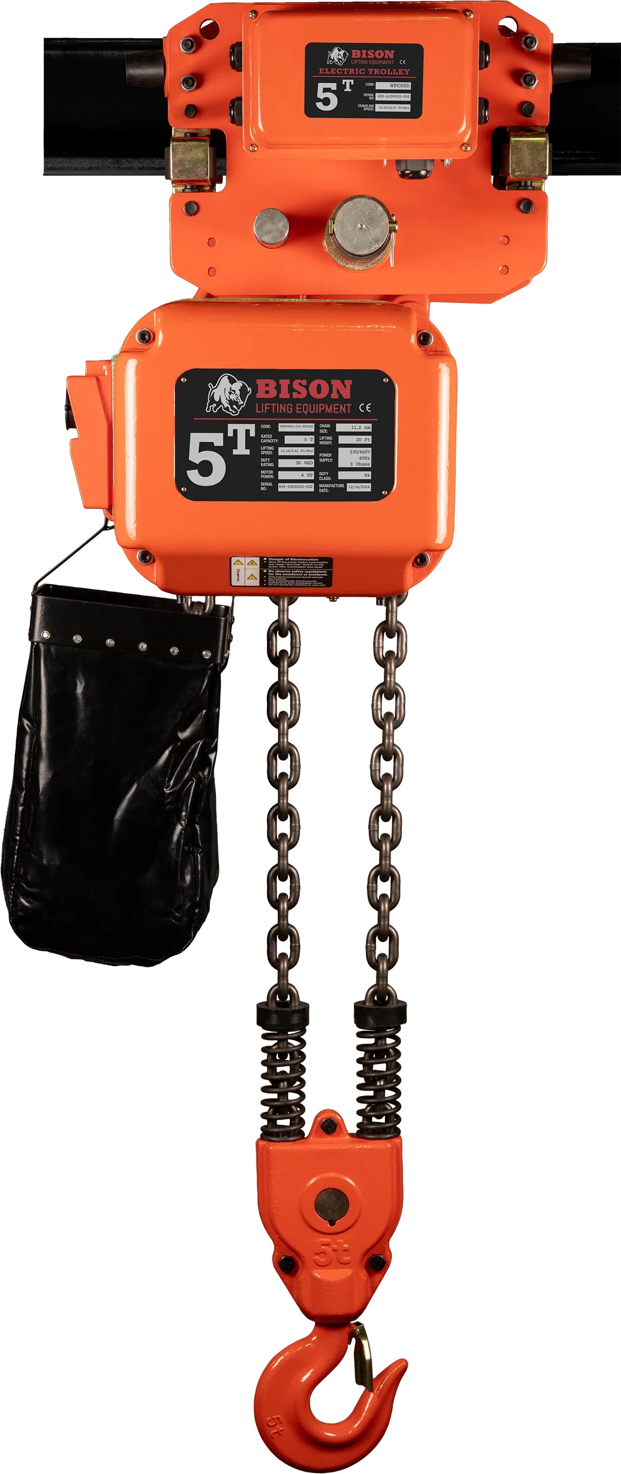 Bison 5Ton Three Phase Dual Speed Electric Chain Hoist with Trolley 230v/460v - Image 3