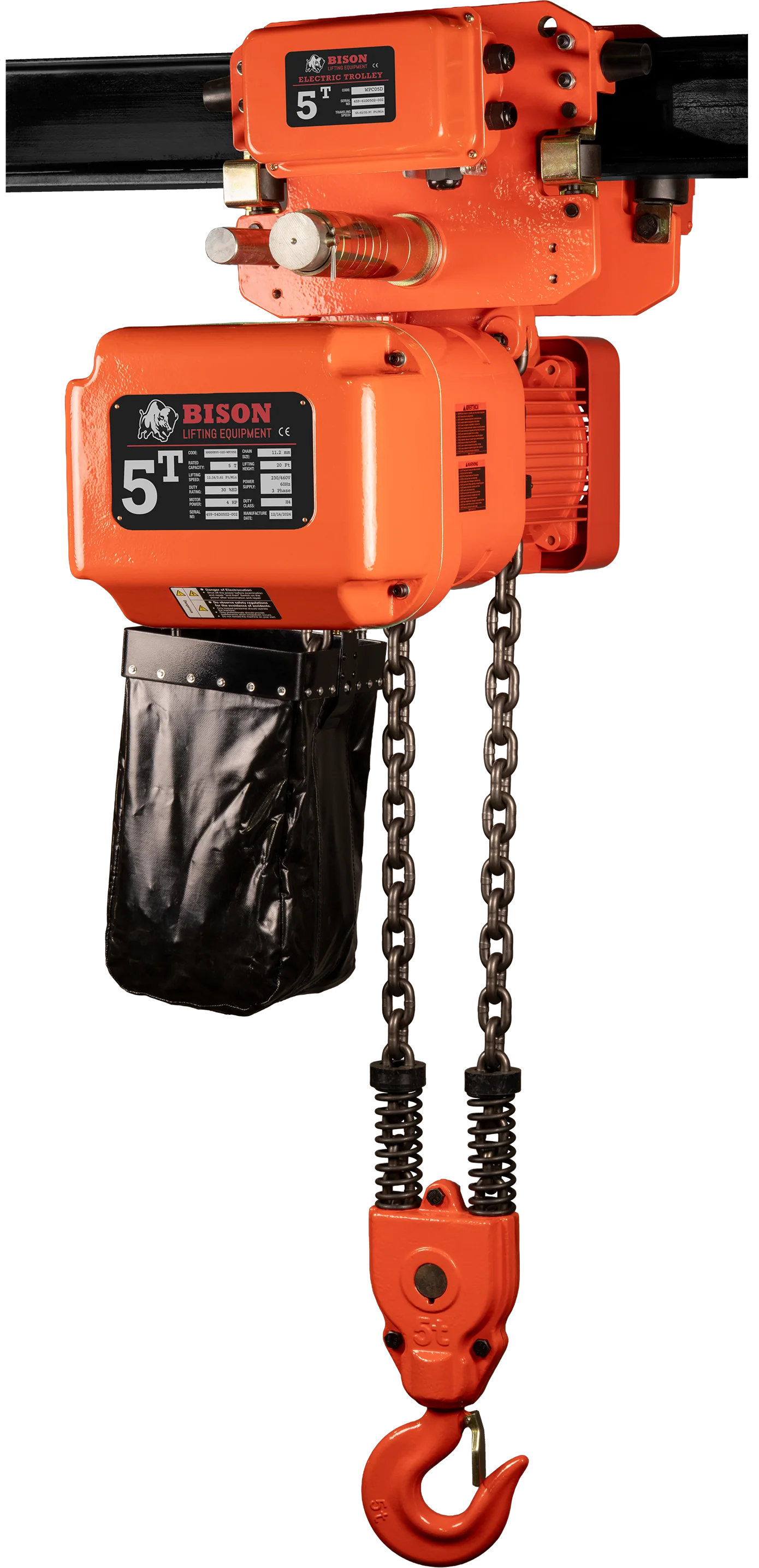 Bison 5Ton Three Phase Single Speed Electric Chain Hoist with Trolley 230v/460v