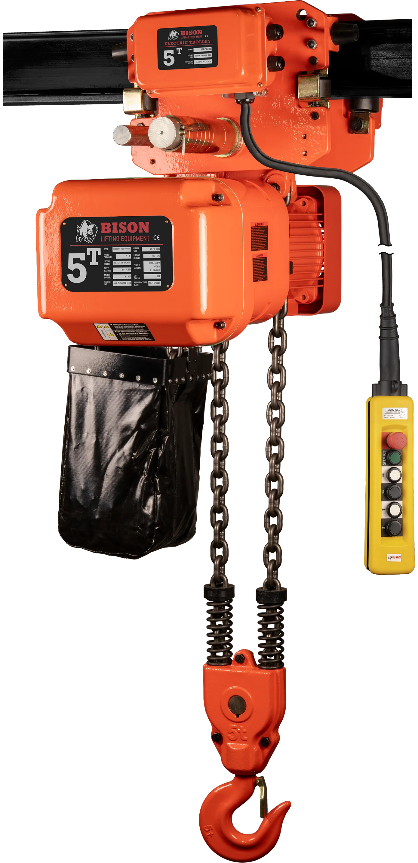 Bison 5Ton Three Phase Single Speed Electric Chain Hoist with Trolley 230v/460v - Image 14