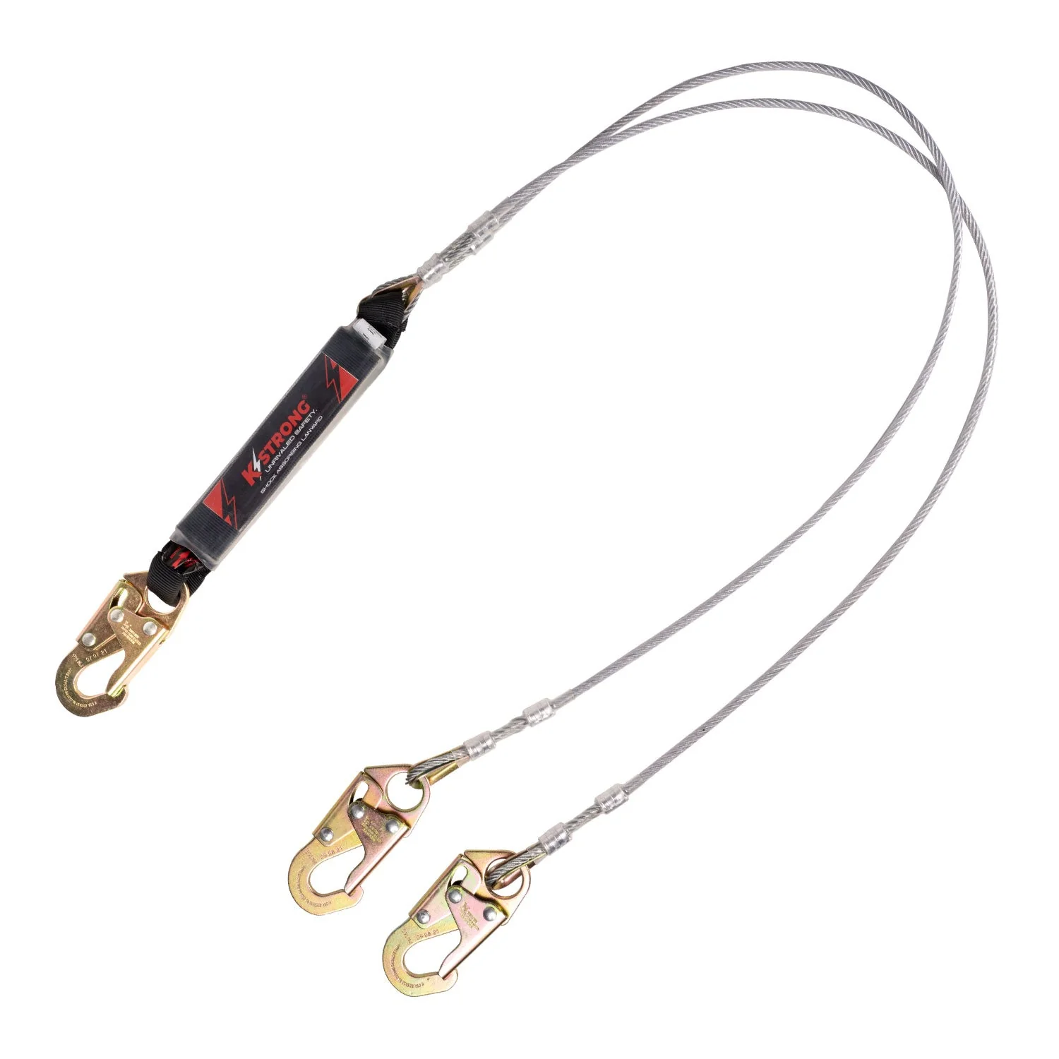 KStrongĀ® 6 ft. Leading Edge (LE) Rated Twin Leg 100% Tie-off Clear Pack Design shock absorbing coated wire lanyard (ANSI)