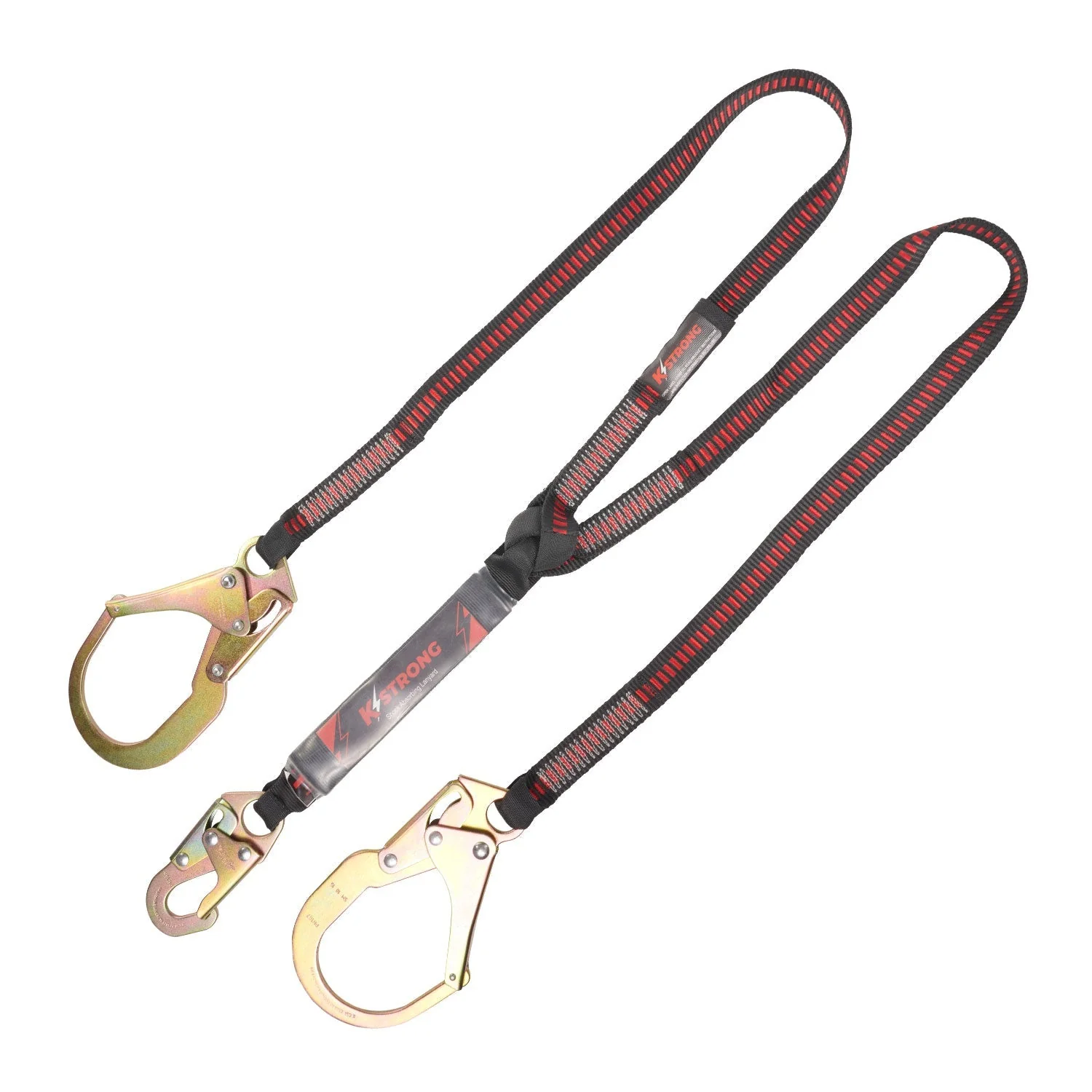 KStrongĀ® 6 ft. Twin leg 100% tie-off Clear pack design shock absorbing lanyard with (1) snap hook and (2) rebar hooks (ANSI)
