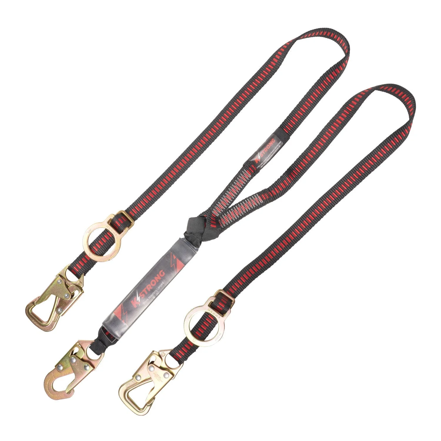 KStrongĀ® 6 ft. Twin leg 100% tie-off Tie-Back design shock absorbing lanyard with snap hook, tie-back hooks, and adjustable D-rings (ANSI)